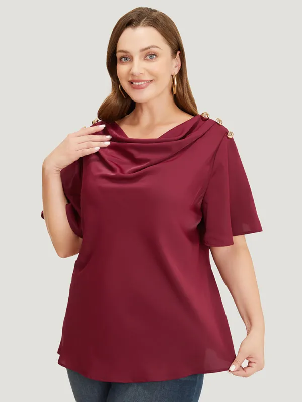 Plain Cowl Neck Button Detail Flutter Sleeve Blouse sold by Bloomchic