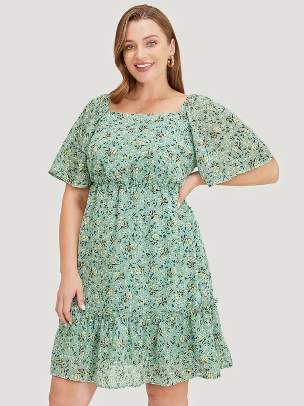 Ditsy Floral Square Neck Frill Trim Pocket Ruffle Hem Dress sold by Bloomchic