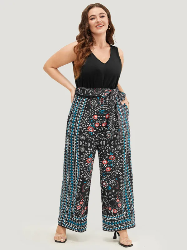 Paisley Patchwork Zipper Pocket Belted Tank Jumpsuit sold by Bloomchic
