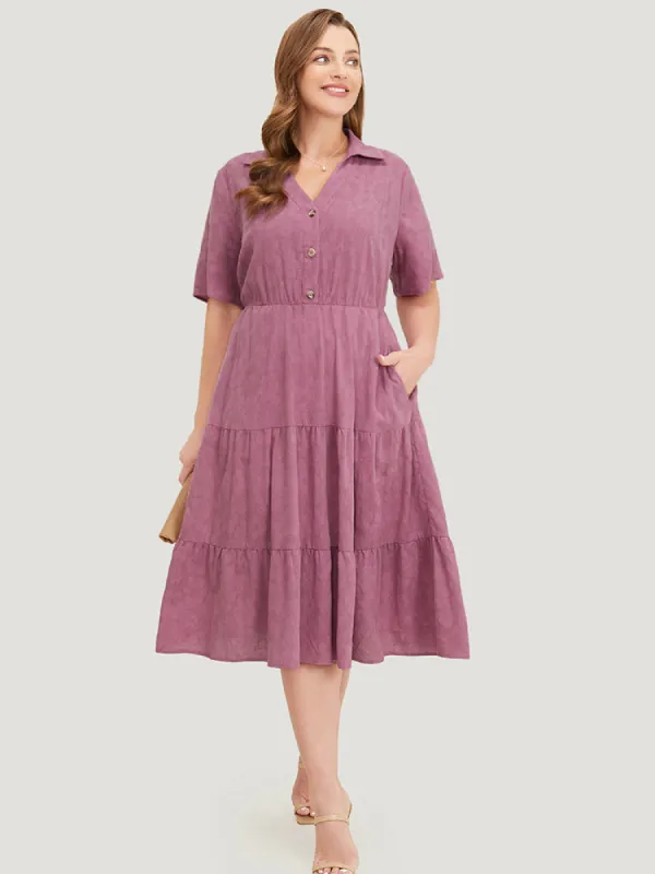 Plain Floral Ruffle Pocket Button Up Tiered Hem Dress sold by Bloomchic