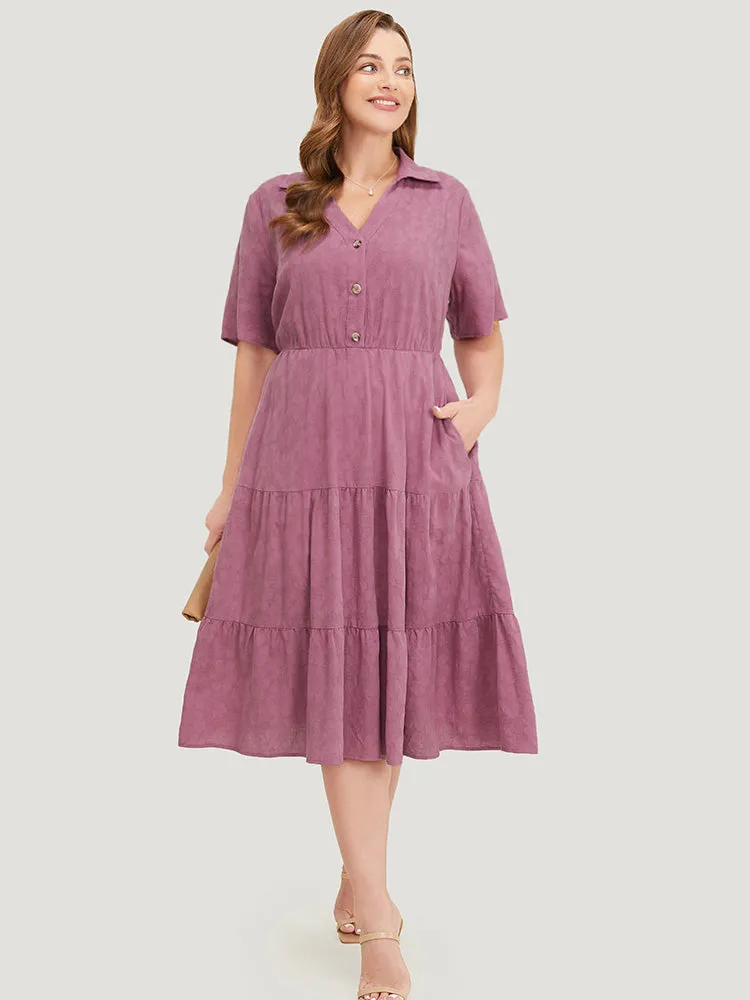 Plain Floral Ruffle Pocket Button Up Tiered Hem Dress sold by Bloomchic