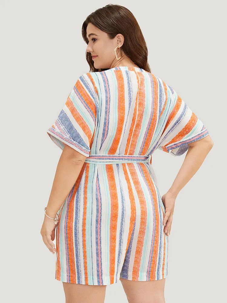 Striped Contrast Dolman Sleeve Button Up Pocket Belt Romper sold by Bloomchic product image thumbnail 4