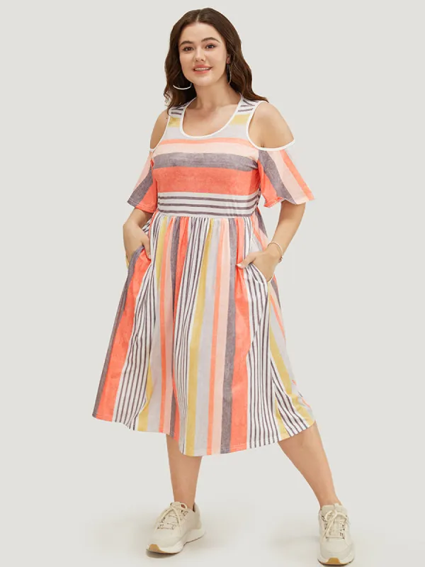 Striped Contrast Pocket Cold Shoulder Ruffle Midi Dress sold by Bloomchic
