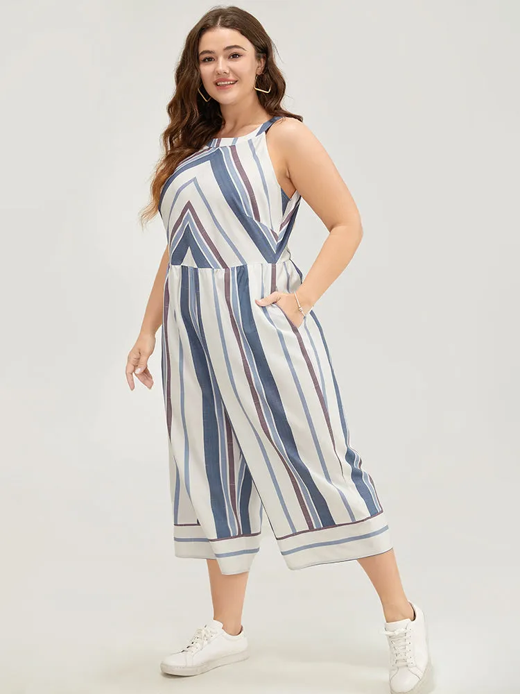 Striped Geometric Pocket Contrast Halter Neck Jumpsuit sold by Bloomchic product image thumbnail 4