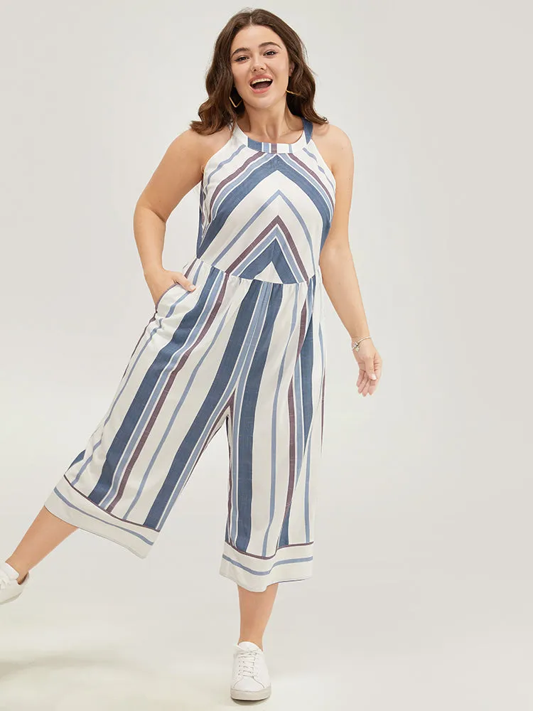 Striped Geometric Pocket Contrast Halter Neck Jumpsuit sold by Bloomchic