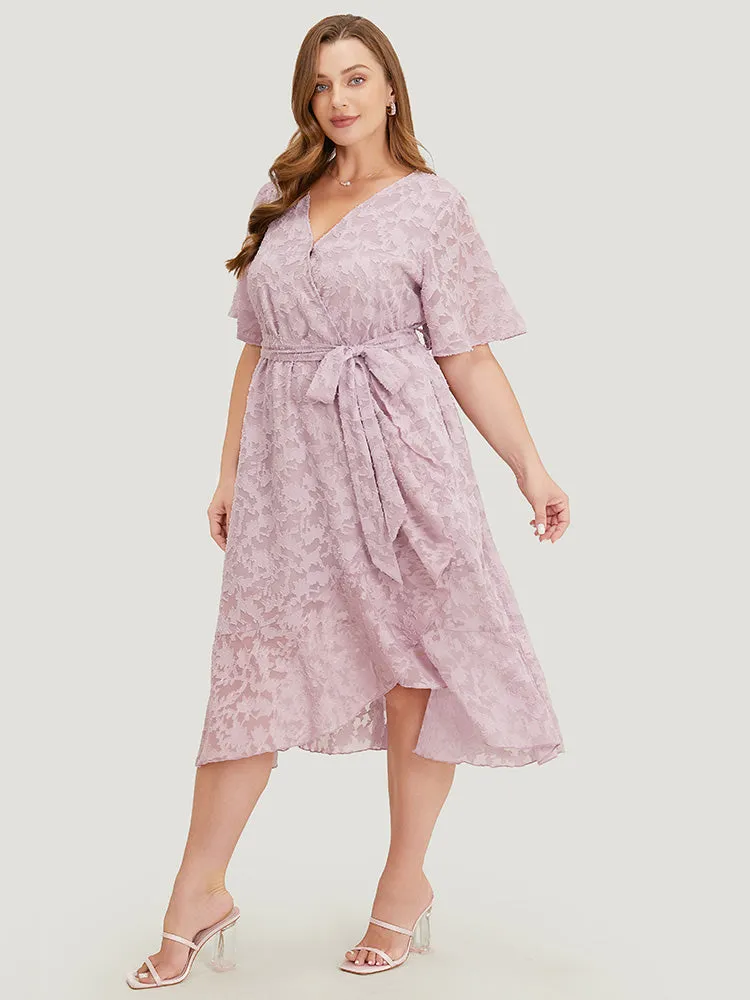 Plain Floral Pocket Belted Mesh Ruffle Trim Wrap Midi Dress sold by Bloomchic product image thumbnail 4
