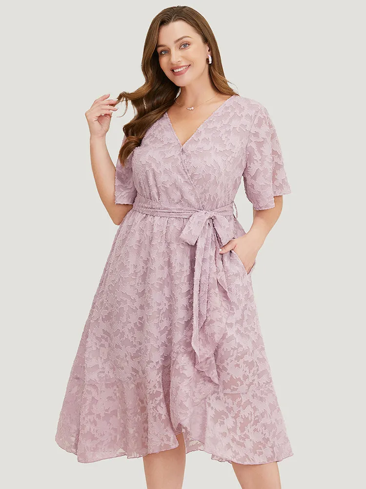 Plain Floral Pocket Belted Mesh Ruffle Trim Wrap Midi Dress sold by Bloomchic