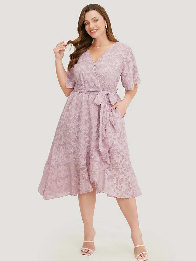 Plain Floral Pocket Belted Mesh Ruffle Trim Wrap Midi Dress sold by Bloomchic product image thumbnail 5