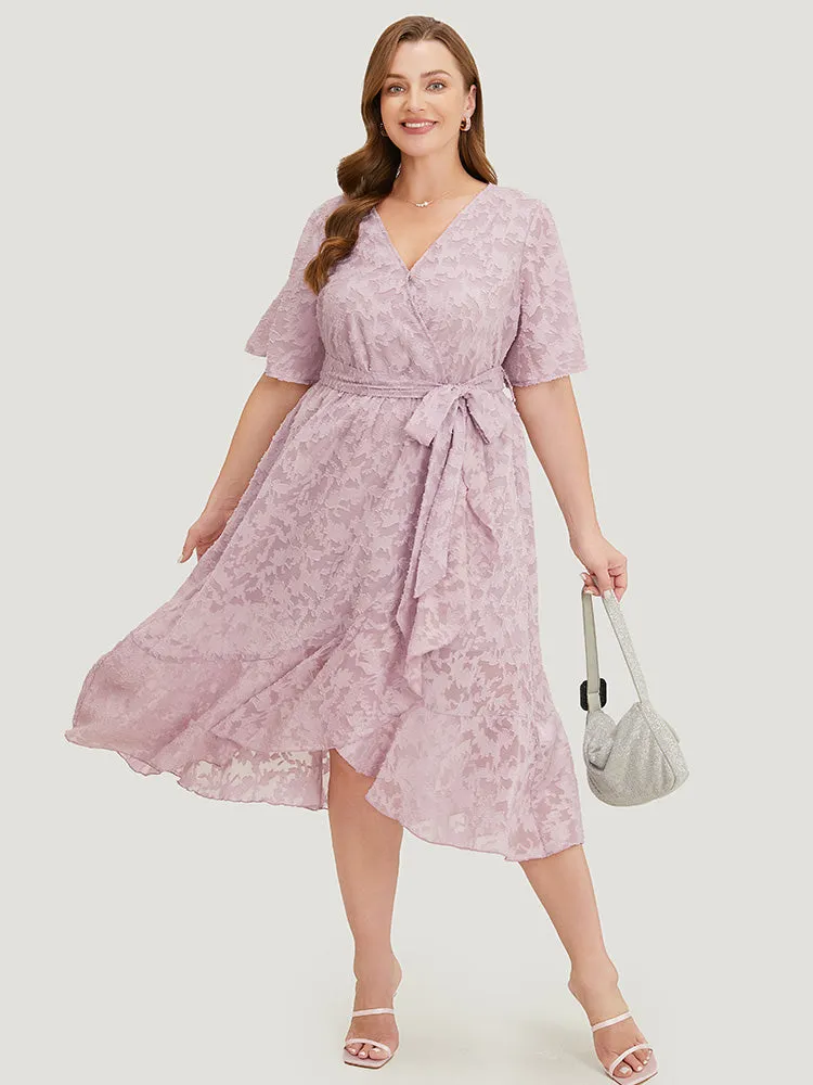 Plain Floral Pocket Belted Mesh Ruffle Trim Wrap Midi Dress sold by Bloomchic product image thumbnail 2