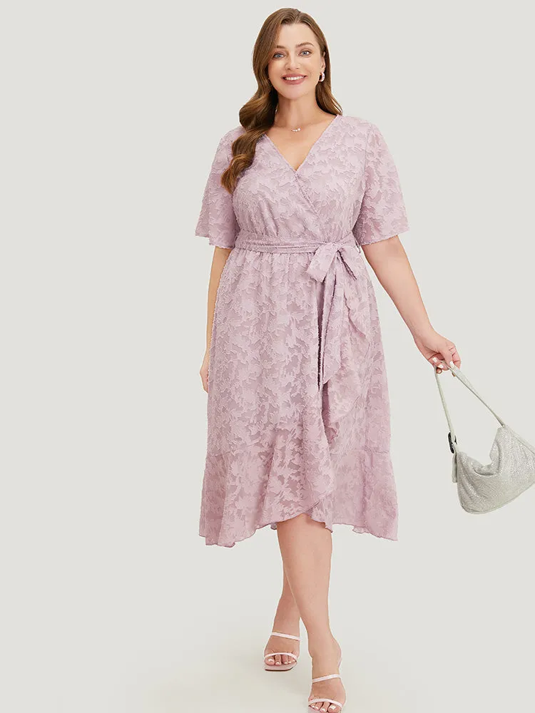 Plain Floral Pocket Belted Mesh Ruffle Trim Wrap Midi Dress sold by Bloomchic product image thumbnail 3