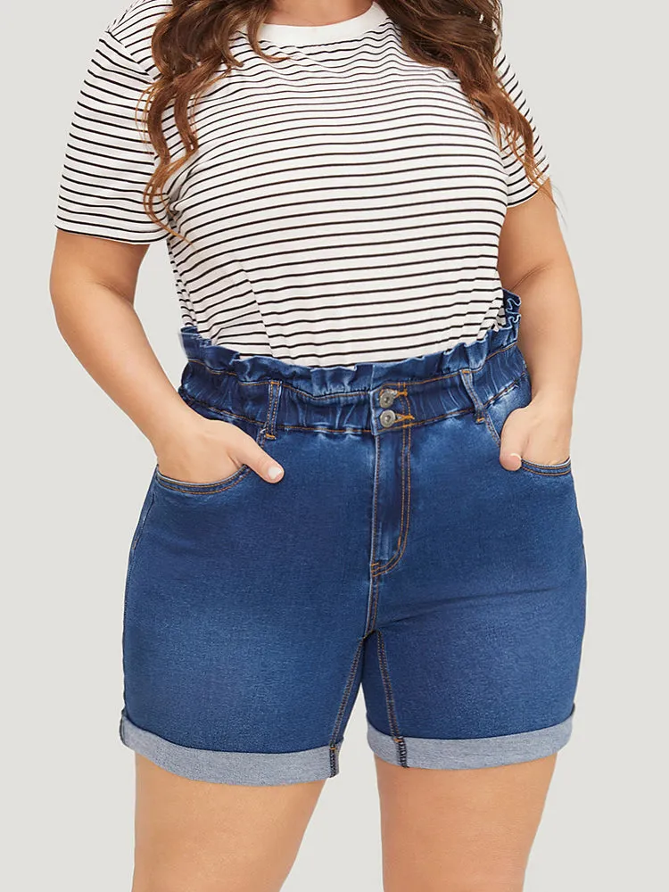 Very Stretchy High Rise Medium Wash Paperbag Waist Denim Shorts sold by Bloomchic