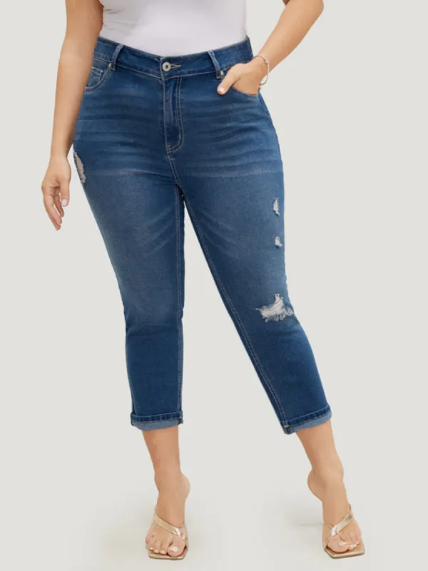 Very Stretchy High Rise Dark Wash Ripped Detail Cropped Jeans sold by Bloomchic