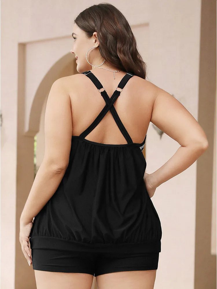 Striped Patchwork Gathered Crossover Back Tankini Top sold by Bloomchic product image thumbnail 2