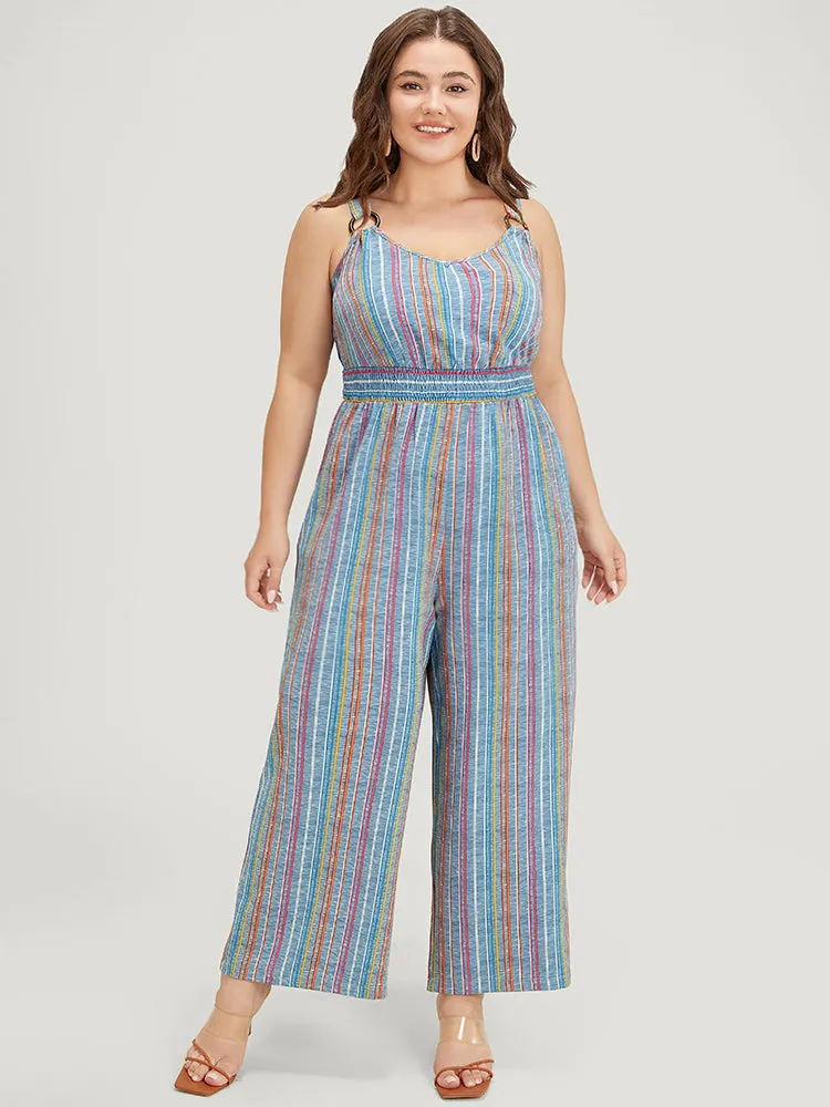 Striped Contrast Buckle Detail Pocket Shirred Jumpsuit sold by Bloomchic