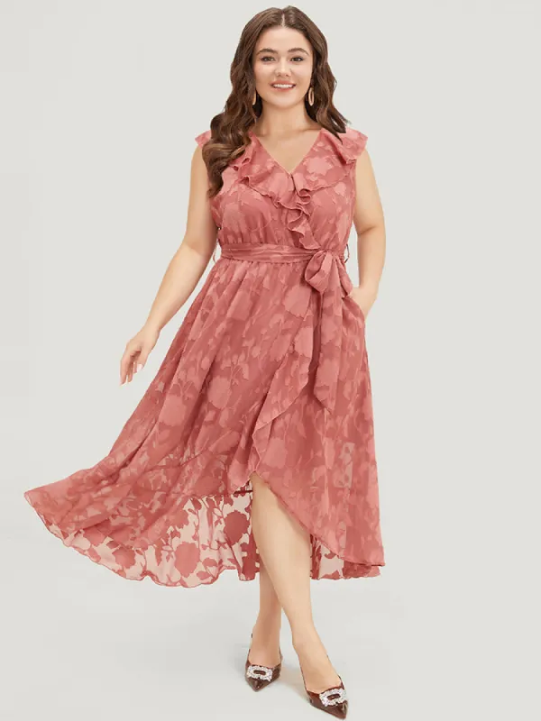 Floral Print Ruffle Trim Wrap Belted  Asymmetrical Tank Dress sold by Bloomchic