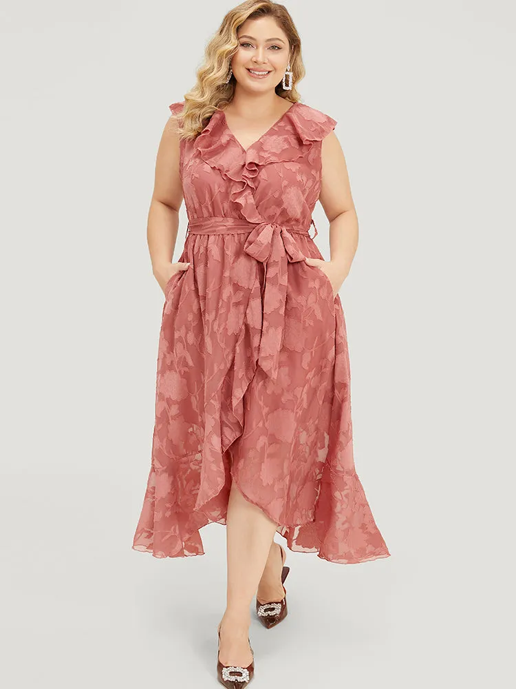 Floral Print Ruffle Trim Wrap Belted Asymmetrical Tank Dress sold by Bloomchic product image thumbnail 5