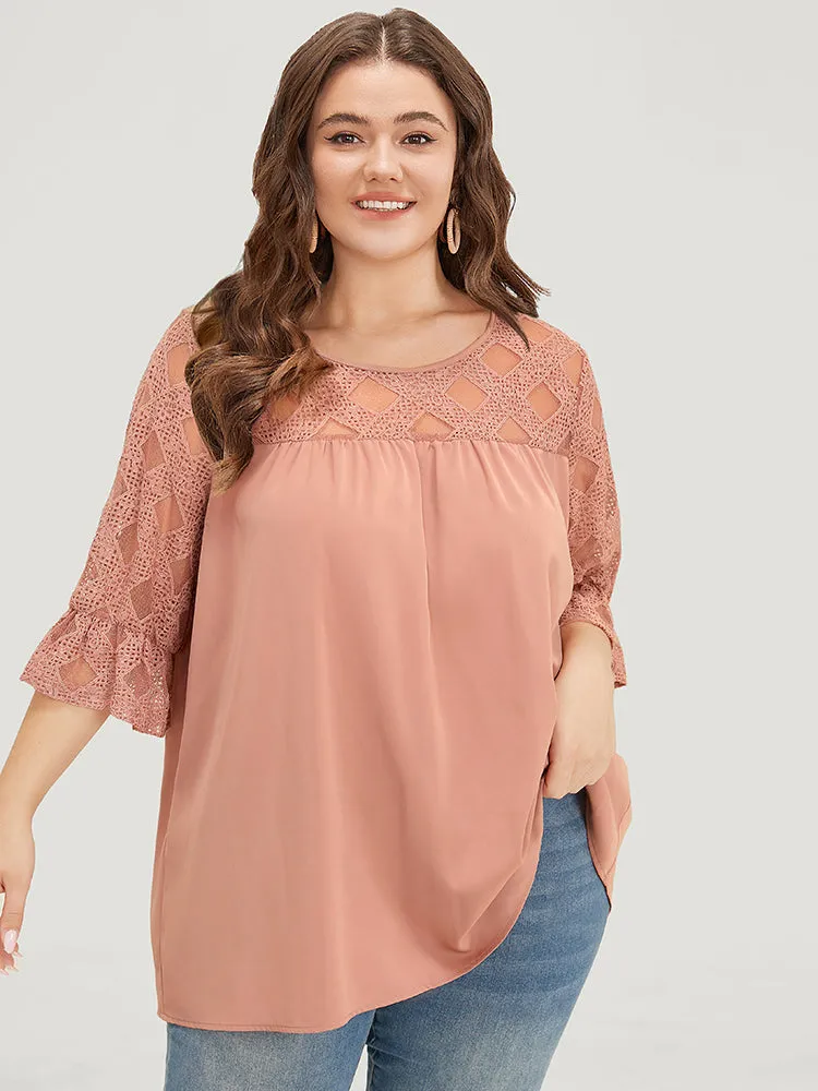 Solid Lace Mesh Panel Bell Sleeve Blouse sold by Bloomchic