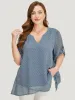 Polka Dot Crossover Hem Mesh Cuffed Sleeve Notched Blouse sold by Bloomchic