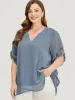 Polka Dot Crossover Hem Mesh Cuffed Sleeve Notched Blouse sold by Bloomchic
