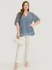 Polka Dot Crossover Hem Mesh Cuffed Sleeve Notched Blouse sold by Bloomchic