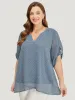 Polka Dot Crossover Hem Mesh Cuffed Sleeve Notched Blouse sold by Bloomchic