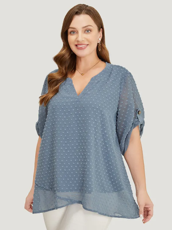 Polka Dot Crossover Hem Mesh Cuffed Sleeve Notched Blouse sold by Bloomchic