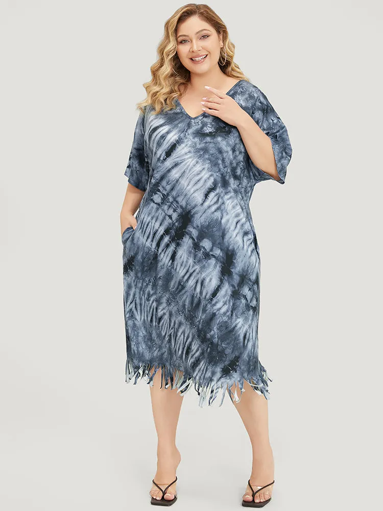 Tie Dye V Neck Pocket Batwing Sleeve Fringe Hem Dress sold by Bloomchic product image thumbnail 5