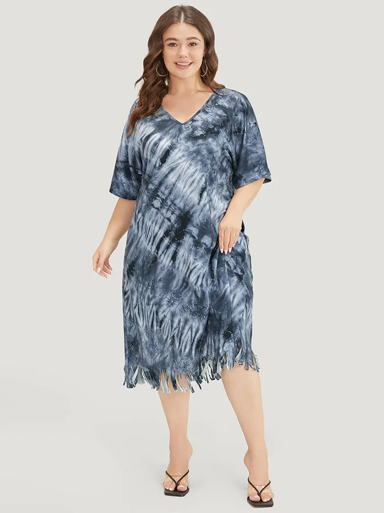 Tie Dye V Neck Pocket Batwing Sleeve Fringe Hem Dress sold by Bloomchic product image thumbnail 2
