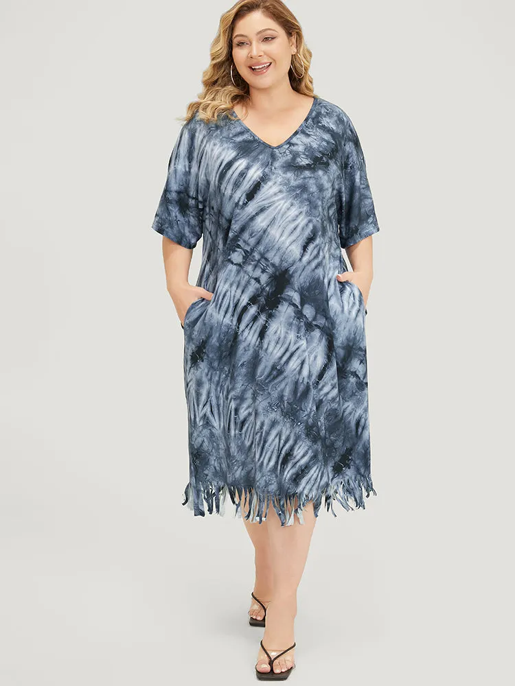 Tie Dye V Neck Pocket Batwing Sleeve Fringe Hem Dress sold by Bloomchic product image thumbnail 3