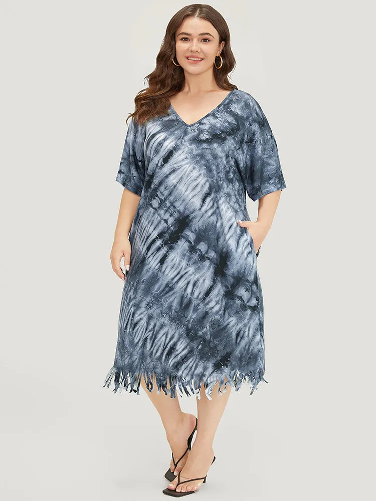 Tie Dye V Neck Pocket Batwing Sleeve Fringe Hem Dress sold by Bloomchic product image thumbnail 4