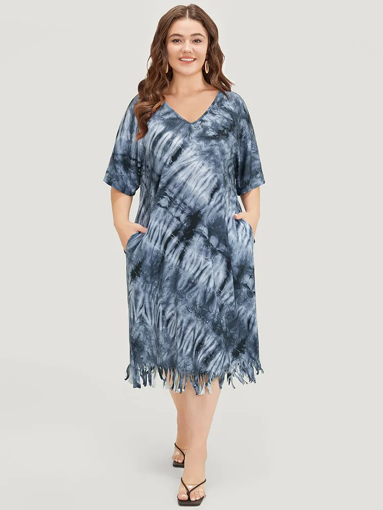 Tie Dye V Neck Pocket Batwing Sleeve Fringe Hem Dress sold by Bloomchic