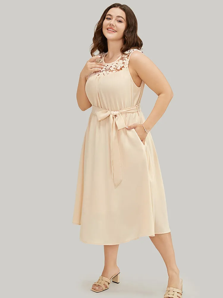 Plain Contrast Lace Keyhole Belted Pocket Pompom Trim Tank Dress sold by Bloomchic product image thumbnail 3