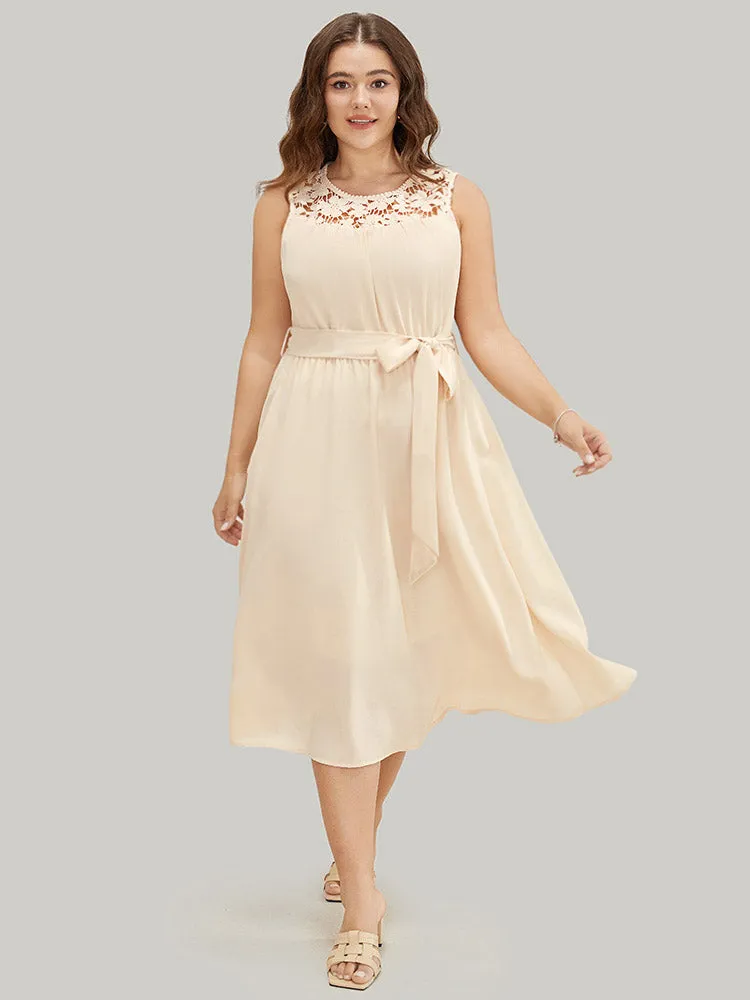 Plain Contrast Lace Keyhole Belted Pocket Pompom Trim Tank Dress sold by Bloomchic