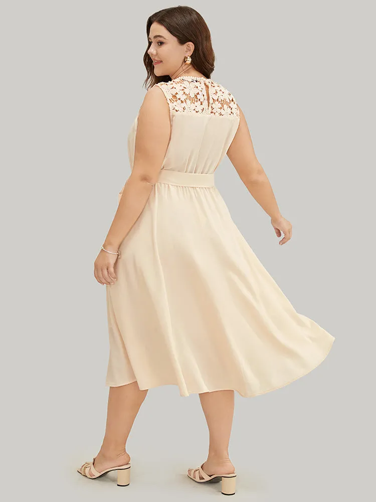 Plain Contrast Lace Keyhole Belted Pocket Pompom Trim Tank Dress sold by Bloomchic product image thumbnail 2