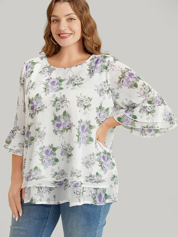 Floral Ruffle Sleeve Layered Hem Blouse sold by Bloomchic product image thumbnail 4