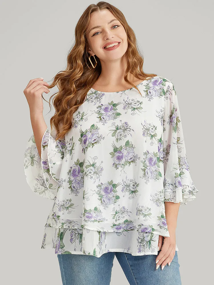 Floral Ruffle Sleeve Layered Hem Blouse sold by Bloomchic product image thumbnail 3