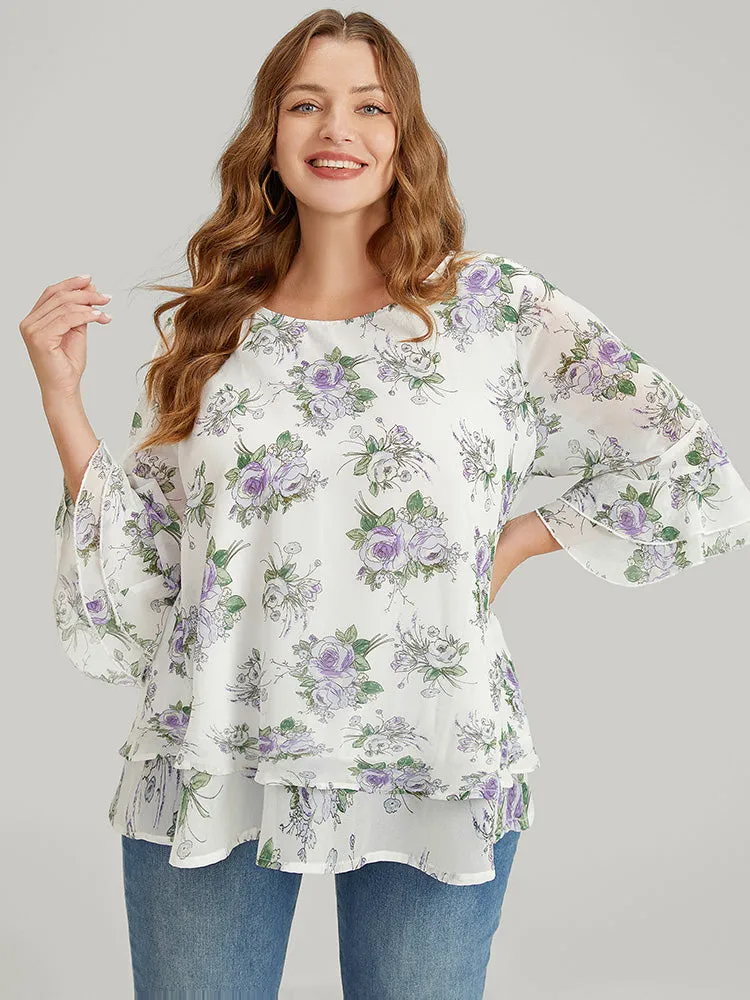 Floral Ruffle Sleeve Layered Hem Blouse sold by Bloomchic product image thumbnail 2