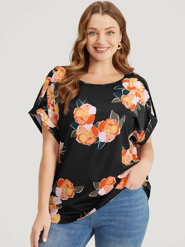 Floral Printed Roll Tab Sleeve Blouse sold by Bloomchic