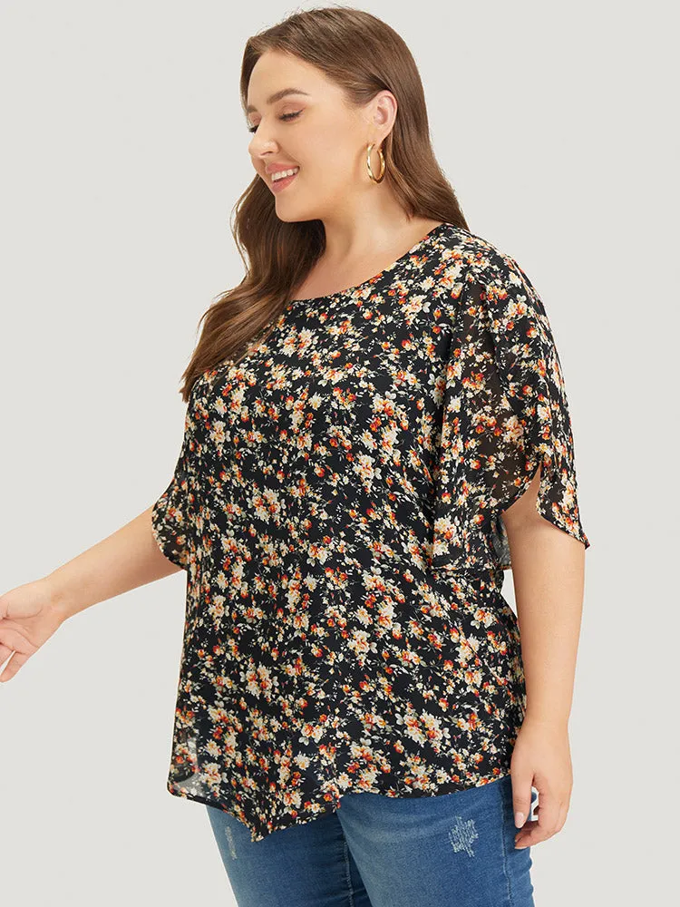 Ditsy Floral Split Petal Sleeve Crew Neck Blouse sold by Bloomchic product image thumbnail 4