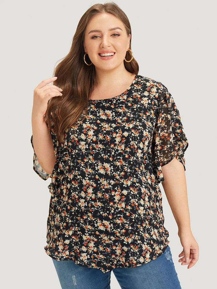 Ditsy Floral Split Petal Sleeve Crew Neck Blouse sold by Bloomchic