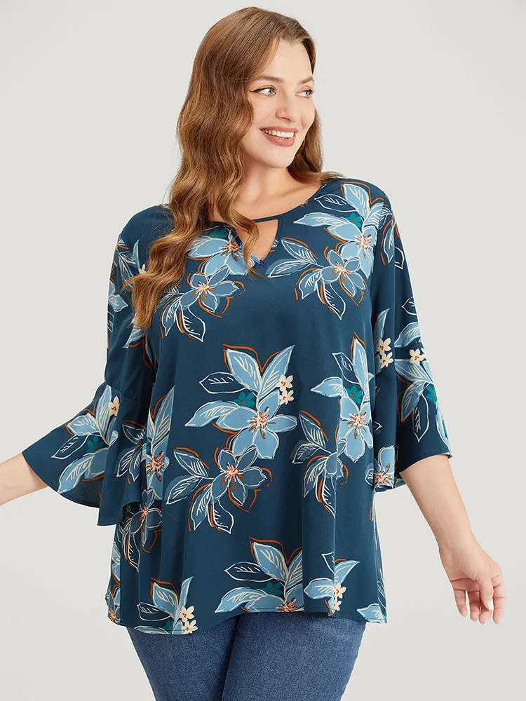 Floral Print Keyhole Neck Split Bell Sleeve Blouse sold by Bloomchic product image thumbnail 5