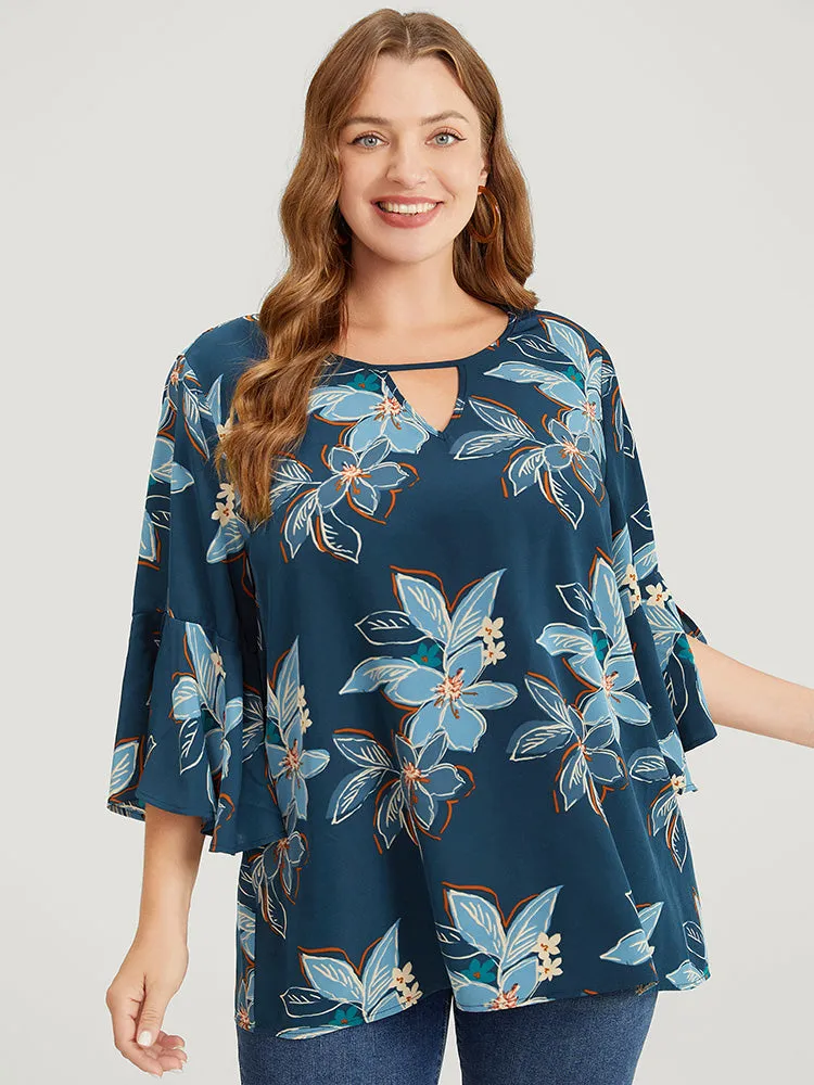 Floral Print Keyhole Neck Split Bell Sleeve Blouse sold by Bloomchic product image thumbnail 3