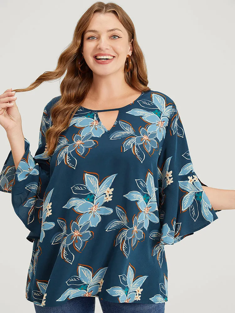 Floral Print Keyhole Neck Split Bell Sleeve Blouse sold by Bloomchic