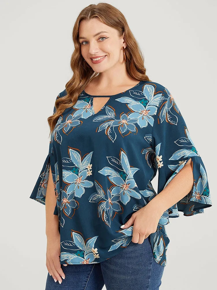 Floral Print Keyhole Neck Split Bell Sleeve Blouse sold by Bloomchic product image thumbnail 2