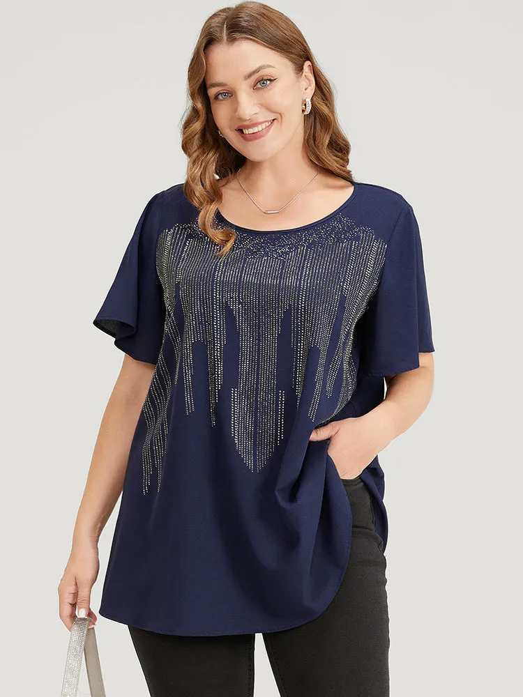 Plain Rhinestones Detail Ruffles Sleeve Blouse sold by Bloomchic