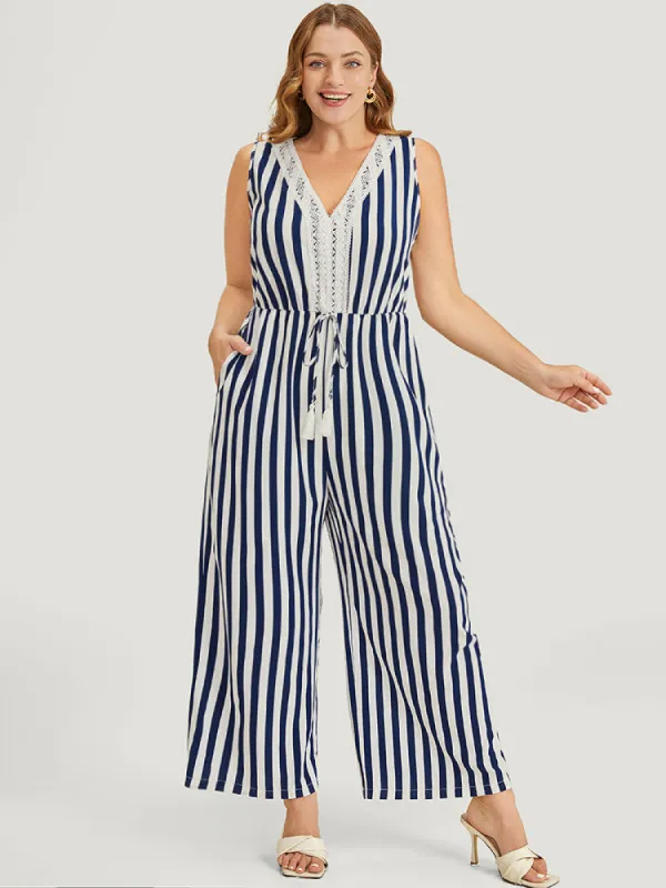 Striped Print Contrast Lace Pocket Knot Tassels Tank Jumpsuit sold by Bloomchic