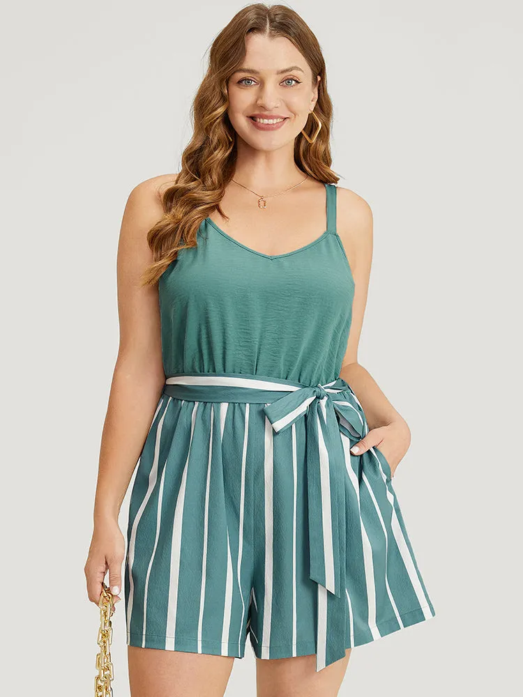 Striped Patchwork Belt Pocket Cami Romper sold by Bloomchic