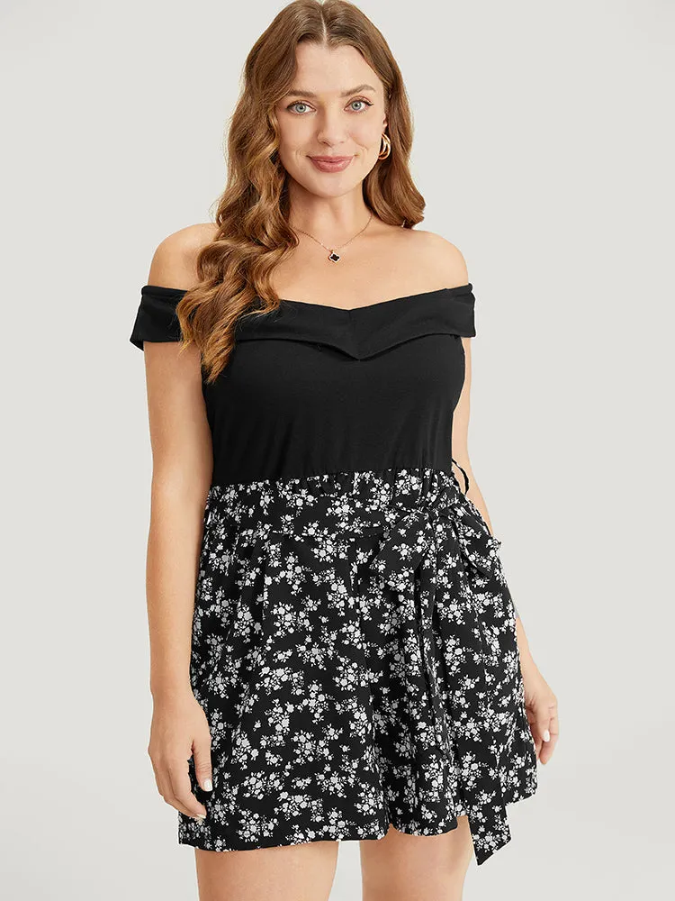 Ditsy Floral Patchwork Pocket Belted Off Shoulder Romper sold by Bloomchic product image thumbnail 5