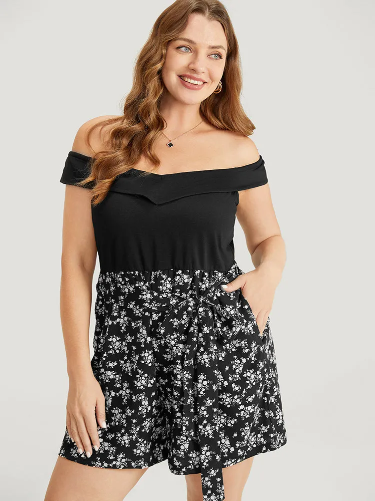 Ditsy Floral Patchwork Pocket Belted Off Shoulder Romper sold by Bloomchic product image thumbnail 3