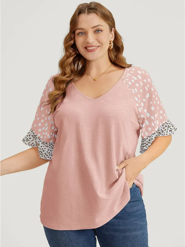 Leopard Contrast Ruffle Trim Raglan Sleeve  T-shirt sold by Bloomchic